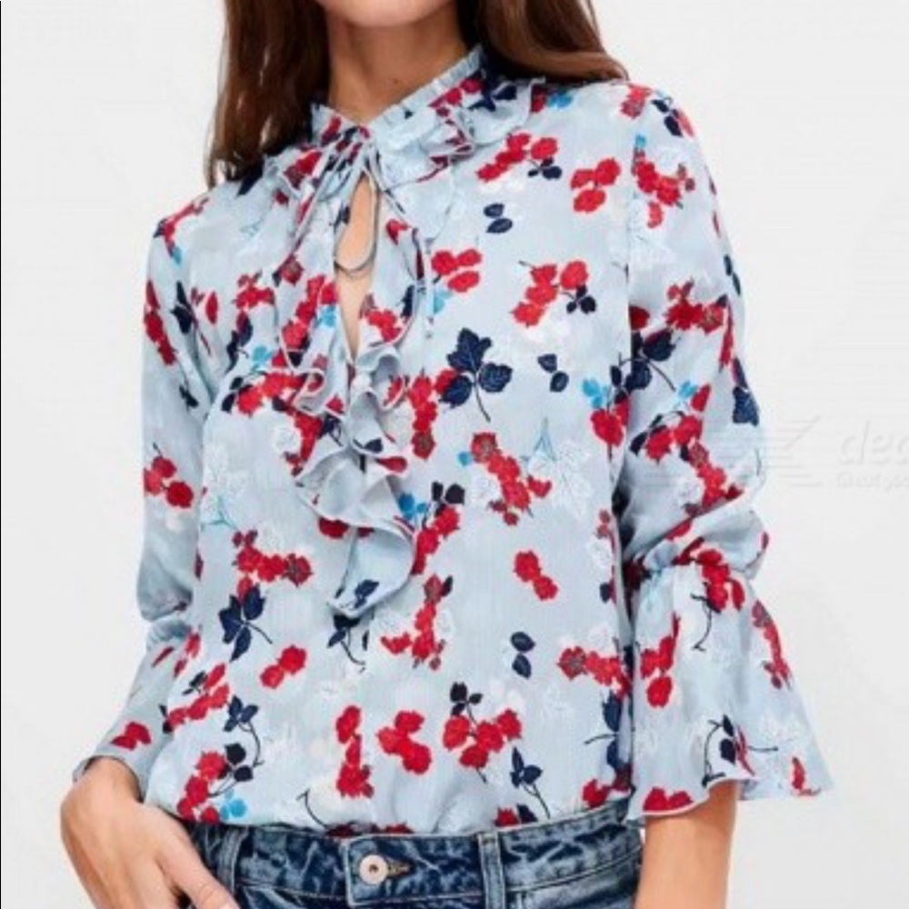 Zara Floral Blouse - Light Blue with Red and Navy